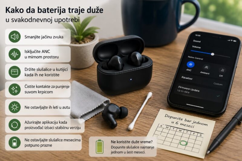 Bežične slušalice sa kutijicom za punjenje, telefon, krpica za čišćenje i pribor za održavanje na radnom stolu.